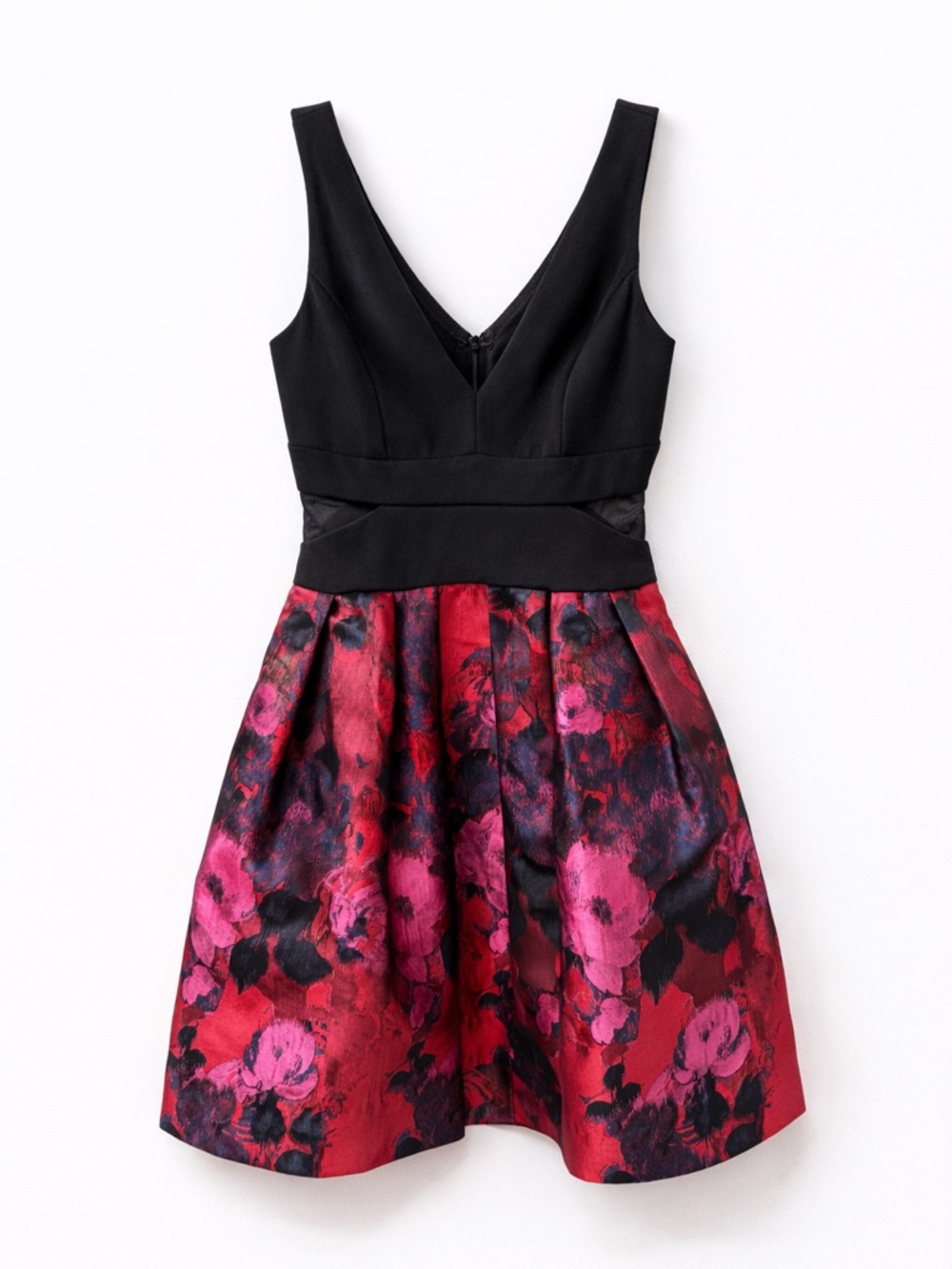 Xscape Black Bodice Floral Skater Dress in Red and Pink